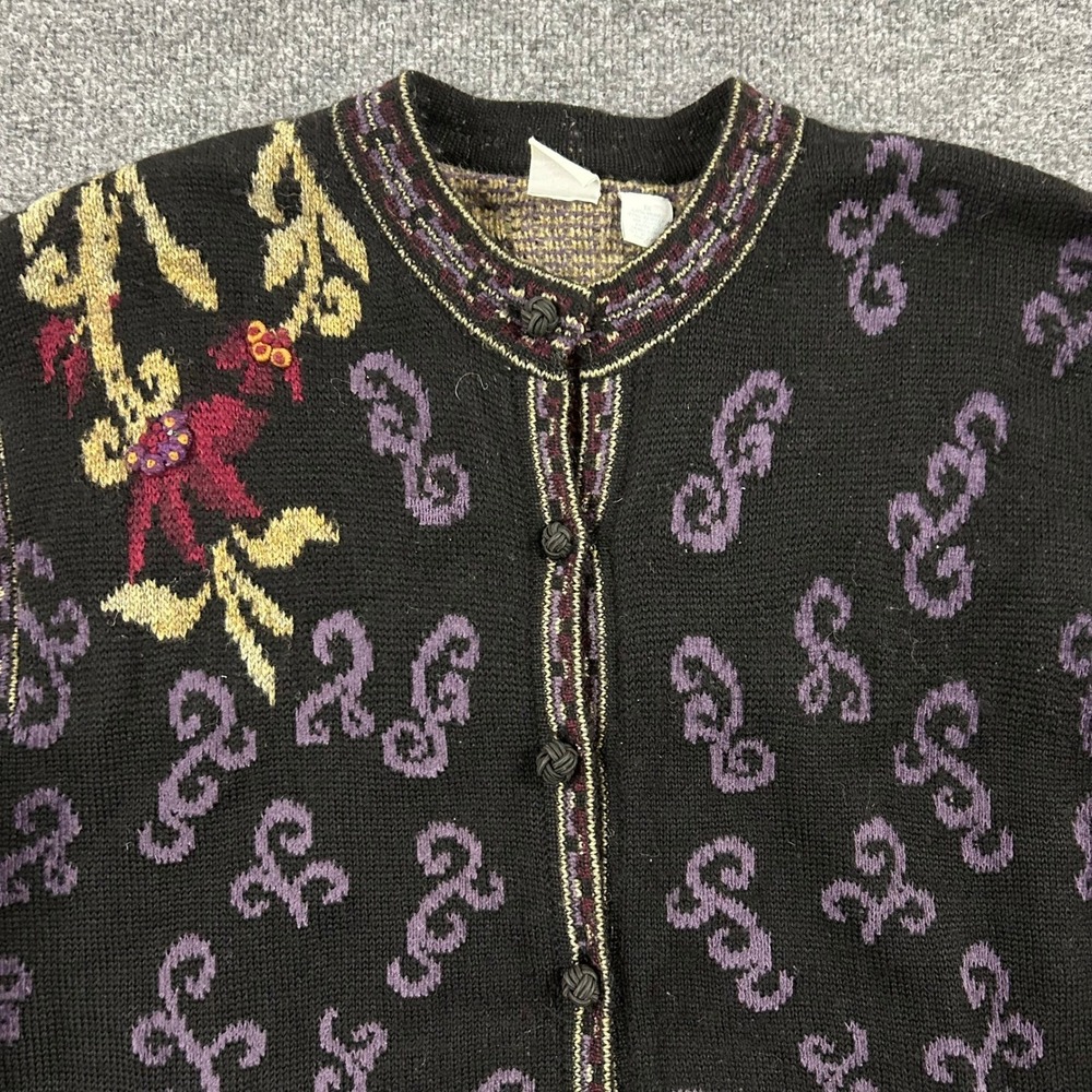 Eagle's Eye Cardigan Womens Size 1X Black Wool Blend Floral Knit Knot Button Up
